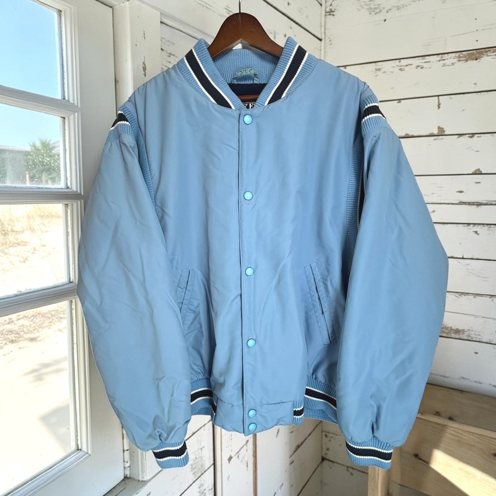 Vintage Bomber Jacket Lands End XL Blue Polartec Varsity Striped Trim Letterman